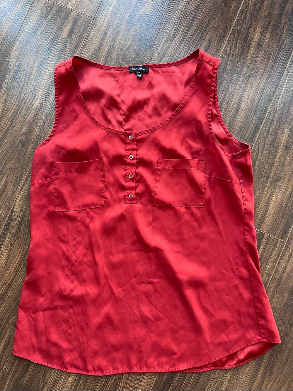 le chateau Red Sleeveless Henley Tank with Patch Pockets